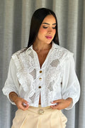Camisera Corta DF21344 encaje bordado y tela lisa para mujer dyaboo crudo