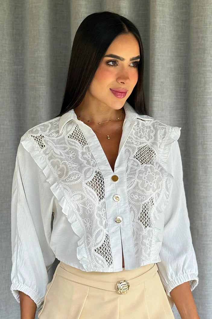 Camisera Corta DF21344 encaje bordado y tela lisa para mujer dyaboo crudo