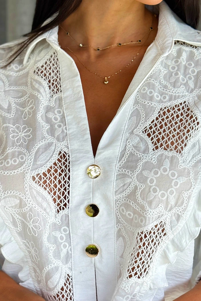 Camisera Corta DF21344 encaje bordado y tela lisa para mujer dyaboo crudo
