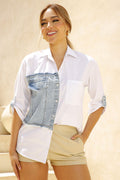 Camisera DF21222 silueta amplia para mujer, elaborada en popelina y denim dyaboo crudo 