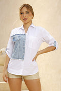 Camisera DF21222 silueta amplia para mujer, elaborada en popelina y denim dyaboo crudo 4