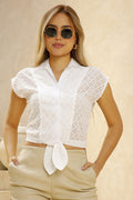 Camisera DF21225 silueta semiajustada para mujer, elaborada en chalis con grabado dyaboo crudo 