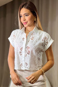 Camisera DF21272 silueta semi ajustada para mujer elaborada en chalis con grabados en tejido dyaboo crudo