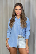Camisera de rayas Manga larga para mujer DF21218 azul dyaboo
