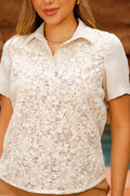 Camiseta DF02383 para mujer con elegante diseño de encaje floral sobrepuesta al frente dyaboo color beige 6