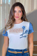 Camiseta DF03047 manga corta con aplicaciones en mezclilla dyaboo color crudo 2