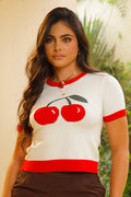 Camiseta TF02299 silueta ajustada para mujer con estampado de cereza, elaborada en tejido con algodón dyaboo color crudo 1