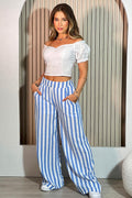 Conjunto Blusa escote bandeja y pantalon a rayas para muijer DF14103 dyaboo azul