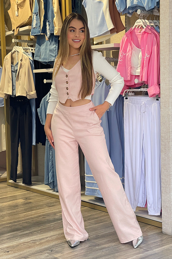Conjunto Chaleco y pantalón DF14098 elaborado en lino para mujer dyaboo rosado