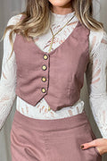 Conjunto DF14098 chaleco y pantalón silueta ajustada para mujer elaborado en lino dyaboo color cafe