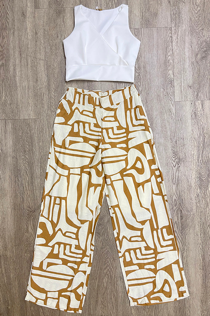Conjunto DF14134 estampado para mujer, elaborado en chalis dyaboo color camel