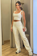 Conjunto DF14139 de blusa y pantalón con rayas a los lados, elaborado en rib dyaboo color crudo