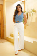 Conjunto DF14148 para mujer de tiro alto con jareta ajustable en la cintura y bota ancha dyaboo color crudo 3