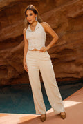 Conjunto DF14164 para mujer de dos piezas en lino dyaboo color beige