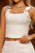 Conjunto DF14170 Blusa y Pantalón para mujer con moños en tiras dyaboo color beige 3