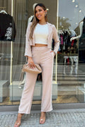 Conjunto Pantalón  y Blazer DF14113  para mujer dyaboo elaborado en chalis  beige