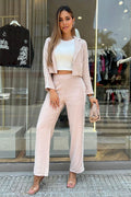 Conjunto Pantalón  y Blazer DF14113  para mujer dyaboo elaborado en chalis  beige 6