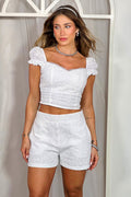 Conjunto set Blusa short en ojalillo para mujer dyaboo DF14104 blanco crudo