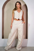 Conjunto set pantalon chaleco lino beige dyaboo DF14098