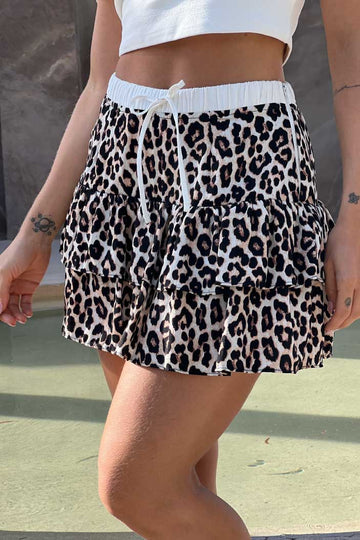 Falda Corta Animal Print DF07069 elaborada en chalis para mujer dyaboo beige