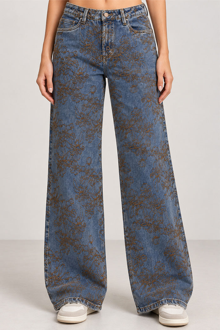 Jean Recto HF22064 para mujer dyaboo indigo bordado