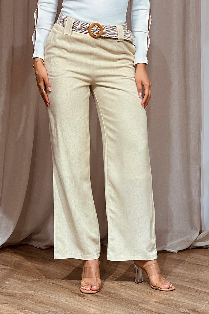 Pantalón DF06071 con silueta suelta para mujer elaborado en lino dyaboo color beige