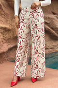 Pantalón DF06138 para mujer amplio de tiro alto con estampado botánico dyaboo color rojo 1