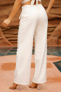 Pantalón DF06142 para mujer de tiro alto con corte recto, confeccionado en tela ligera de caída fluida dyaboo color beige 1