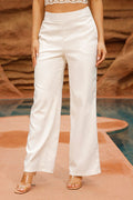Pantalón DF06142 para mujer de tiro alto con corte recto, confeccionado en tela ligera de caída fluida dyaboo color beige 2