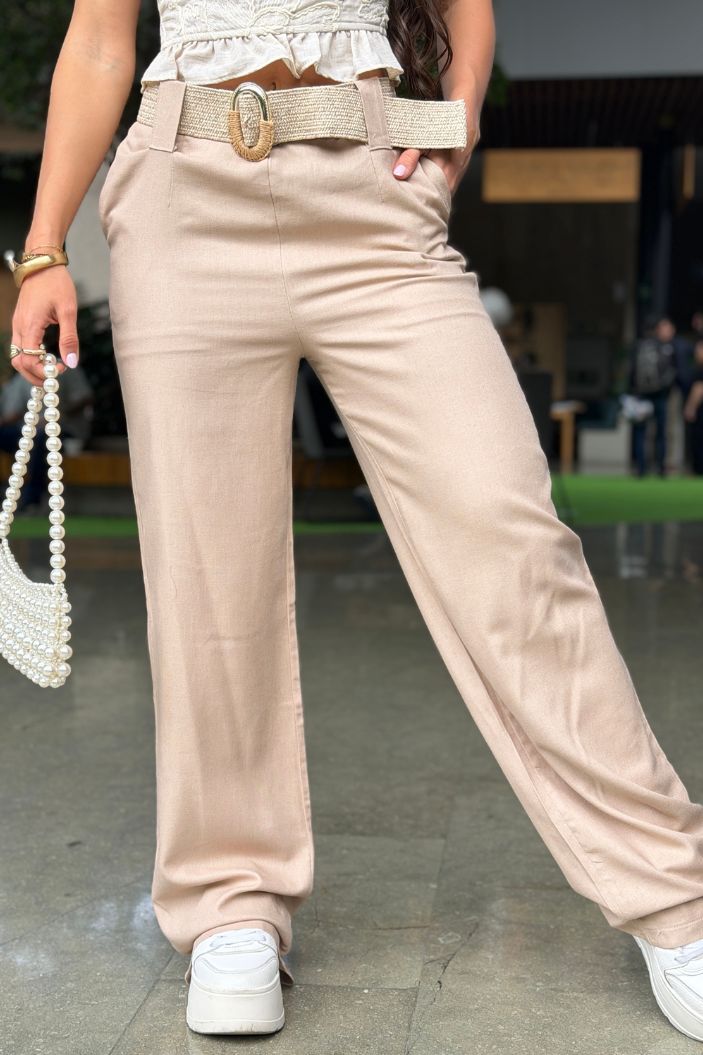 Pantalon DF06071 elaborado en lino para mujer dyaboo camel