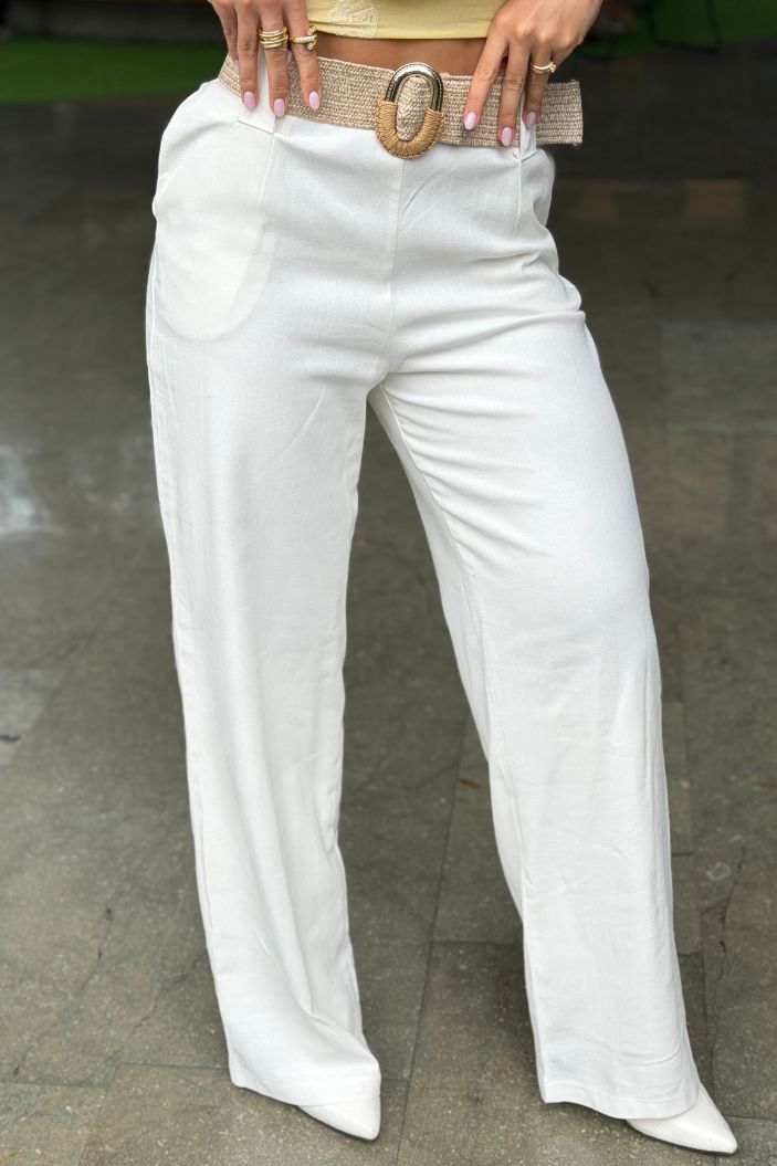 Pantalon DF06071 elaborado en lino para mujer dyaboo crudo/blanco