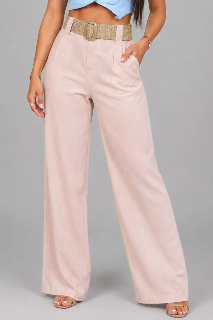 Pantalon DF06071 elaborado en lino para mujer dyaboo rosado