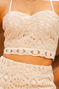 Top DF01856 para mujer tipo crop en crochet con tiras ajustables dyaboo color beige