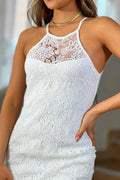 Vestido DF09130 corto tirantes tipo halter para mujer,elaborado en encaje dyaboo color crudo 