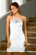 Vestido DF09130 corto tirantes tipo halter para mujer,elaborado en encaje dyaboo color crudo 3