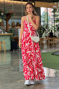Vestido DF10059 estampado largo con tiras para mujer, elaborado en chalis dyaboo color rojo 1